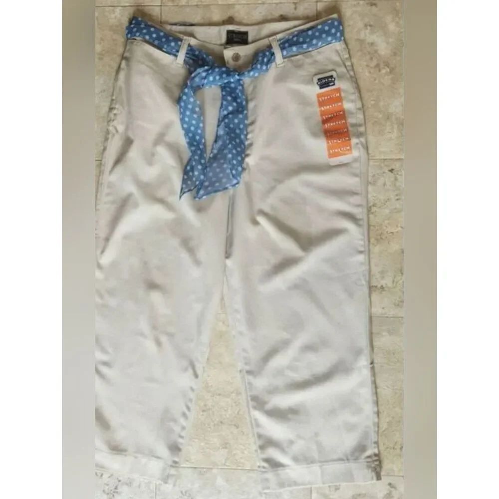 W9 Cream khaki Riders Stretch Pants with Blue Polka Dot Scarf Belt Petite NWT